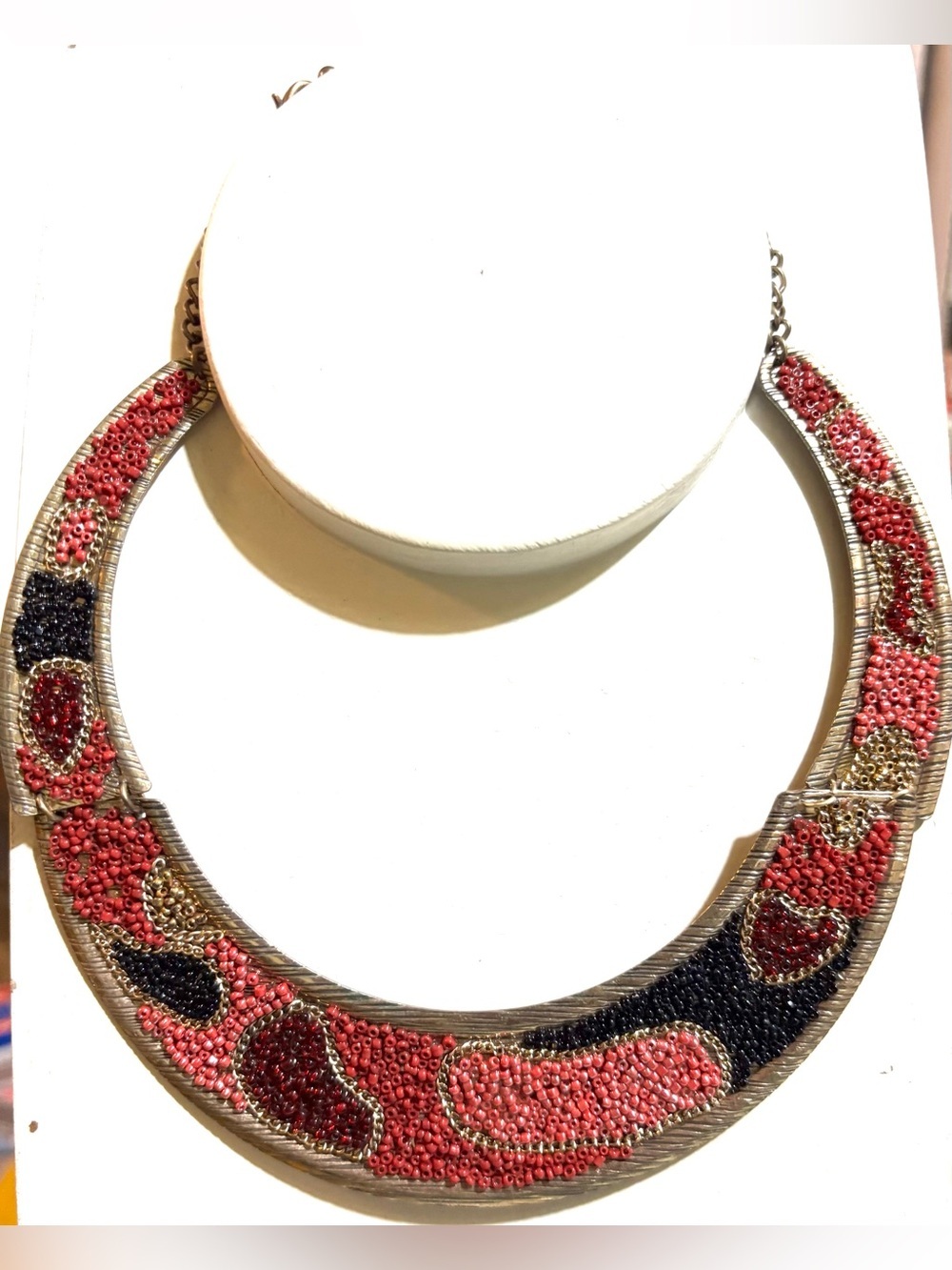 Vintage Coral, Black and Gold Beaded Collar Necklace
